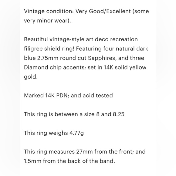 Art Deco Sapphire Shield Ring: 14K Yellow Gold, Diamond Accents, Size 8 - Picture 12 of 12